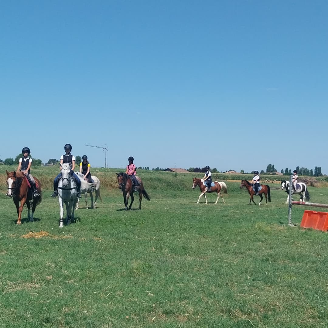 Lezione di equitazione in campo aperto durante i campi estivi del Circolo Ippico Tara