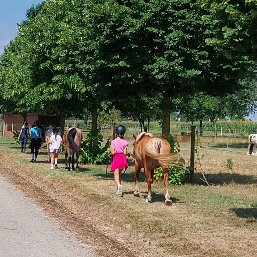 Bambini che accompagnano i pony durante una passeggiata al Circolo Ippico Tara